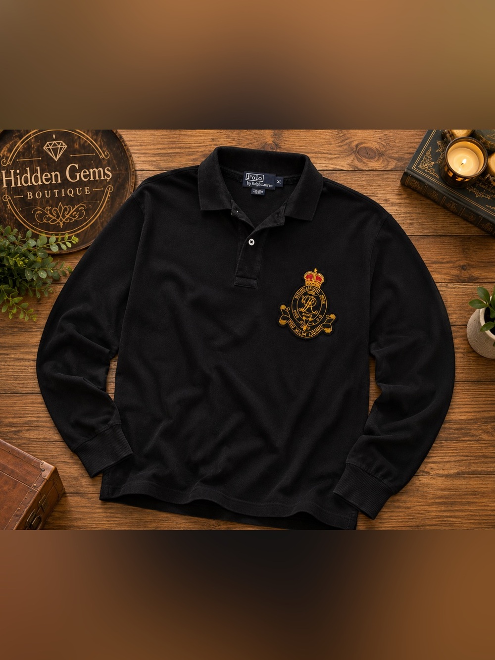 Ralph Lauren Black Long-Sleeve Polo with Gold Crest - Picture 7 of 9